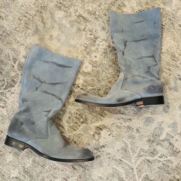 Paris France Atelier Voisin AV Blue Suede Boots Mid-Calf Pull Up Baby Blue Boots - Picture 2 of 5